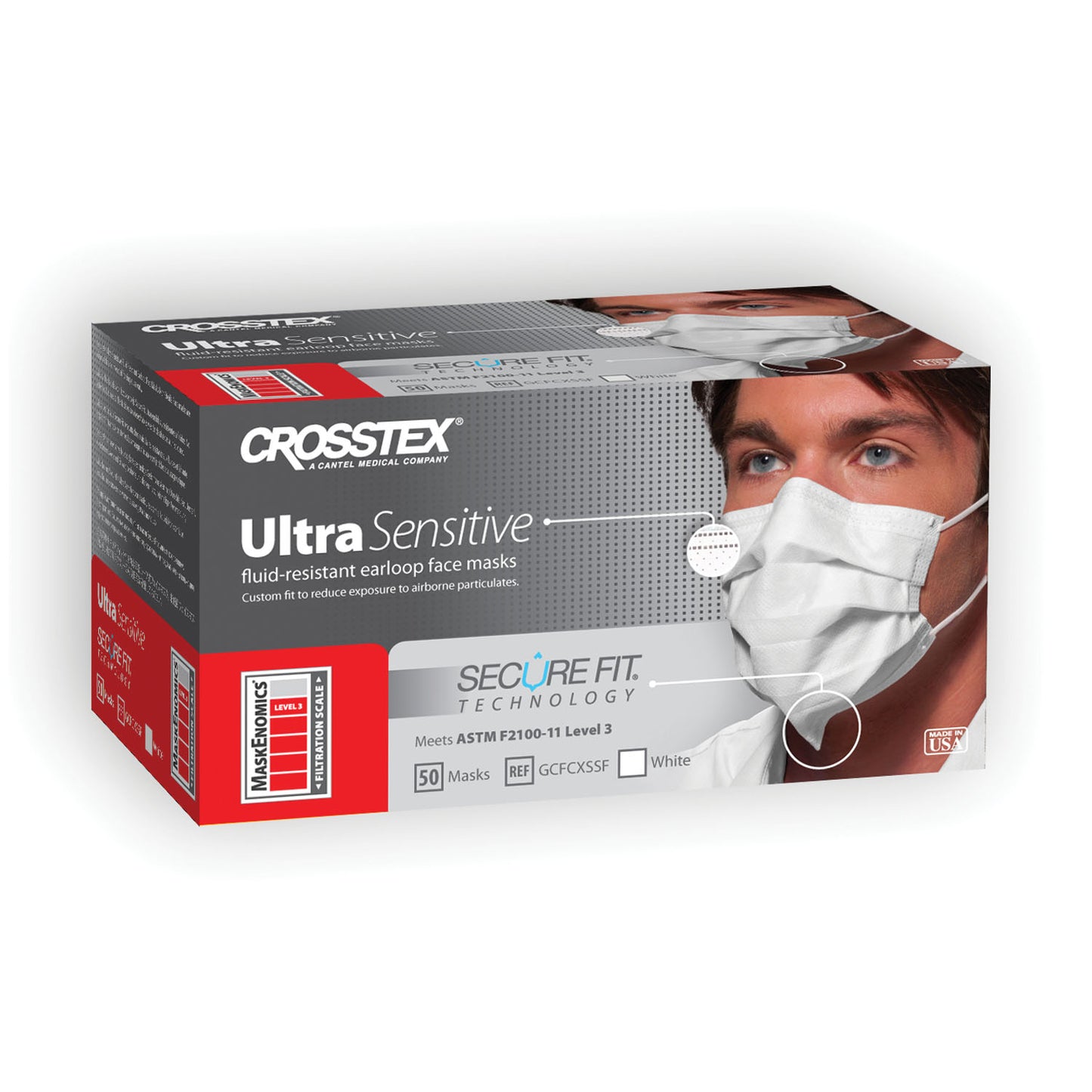 CROSSTEX SECUREFIT ULTRA SENSITIVE EARLOOP MASK, 50 per box, 10 boxes per carton