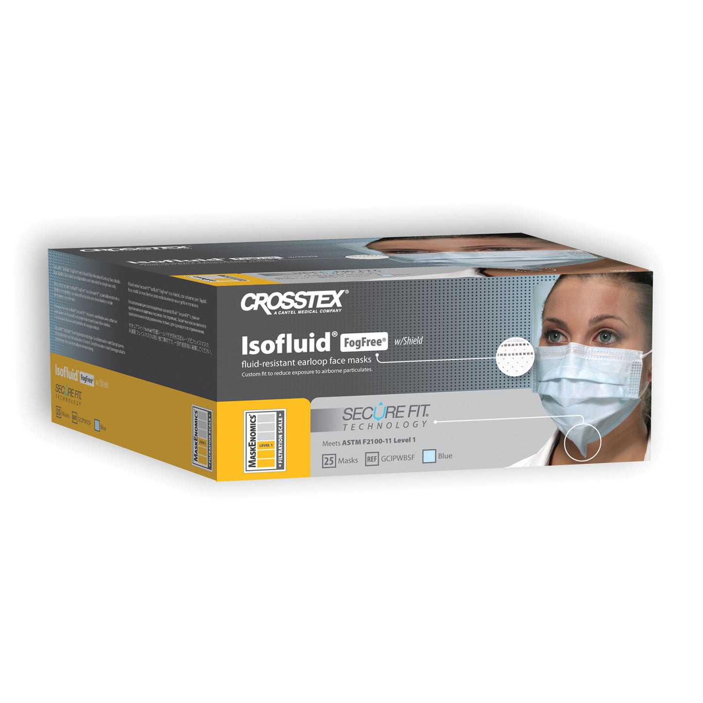 CROSSTEX SECUREFIT ISOFLUID FACE MASK, 25 per box, 4 boxes per carton