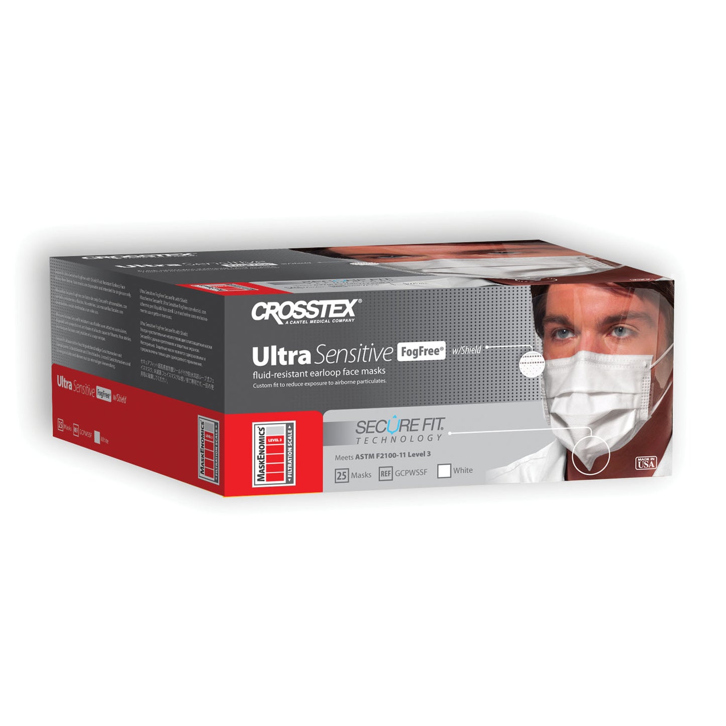 CROSSTEX SECUREFIT ULTRA SENSITIVE EARLOOP MASK, 25 per box, 4 boxes per carton