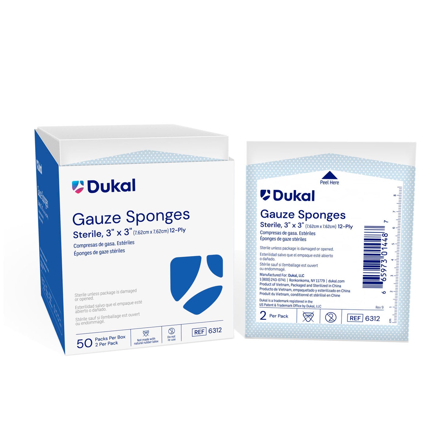 DUKAL WOVEN COTTON GAUZE SPONGES, 2 per pack, 50 packs per box, 24 boxes per case