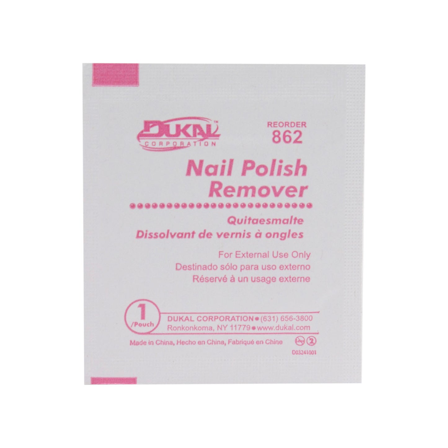 DUKAL NAIL POLISH REMOVER, 1 per pack, 100 packs per box, 10 boxes per case