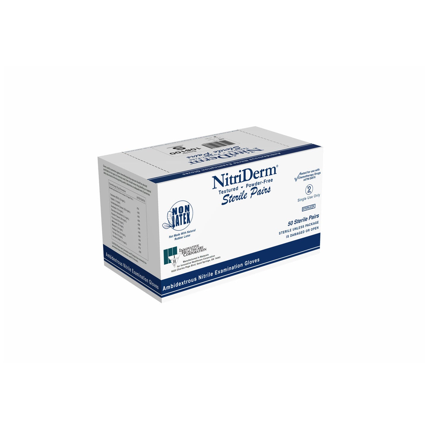 INNOVATIVE NITRIDERM STERILE POWDER-FREE NITRILE EXAM GLOVES, 50 pairs per box, 4 boxes per case