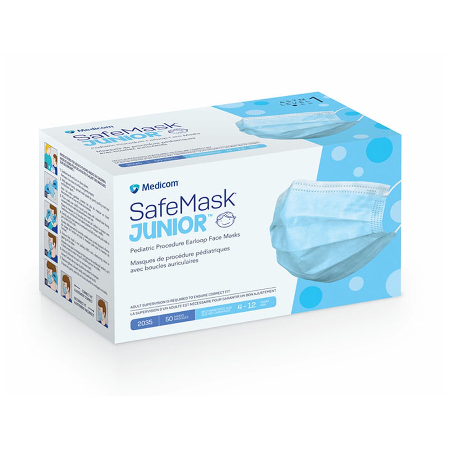 MEDICOM SAFEMASK JUNIOR PEDIATRIC PROCEDURE FACE MASKS, 50 per box, 10 boxes per case