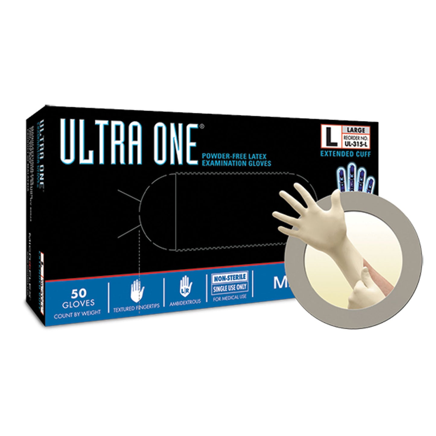 ANSELL MICROFLEX ULTRA ONE POWDER-FREE EXTENDED CUFF LATEX EXAM GLOVES, 50 per box, 10 boxes per case