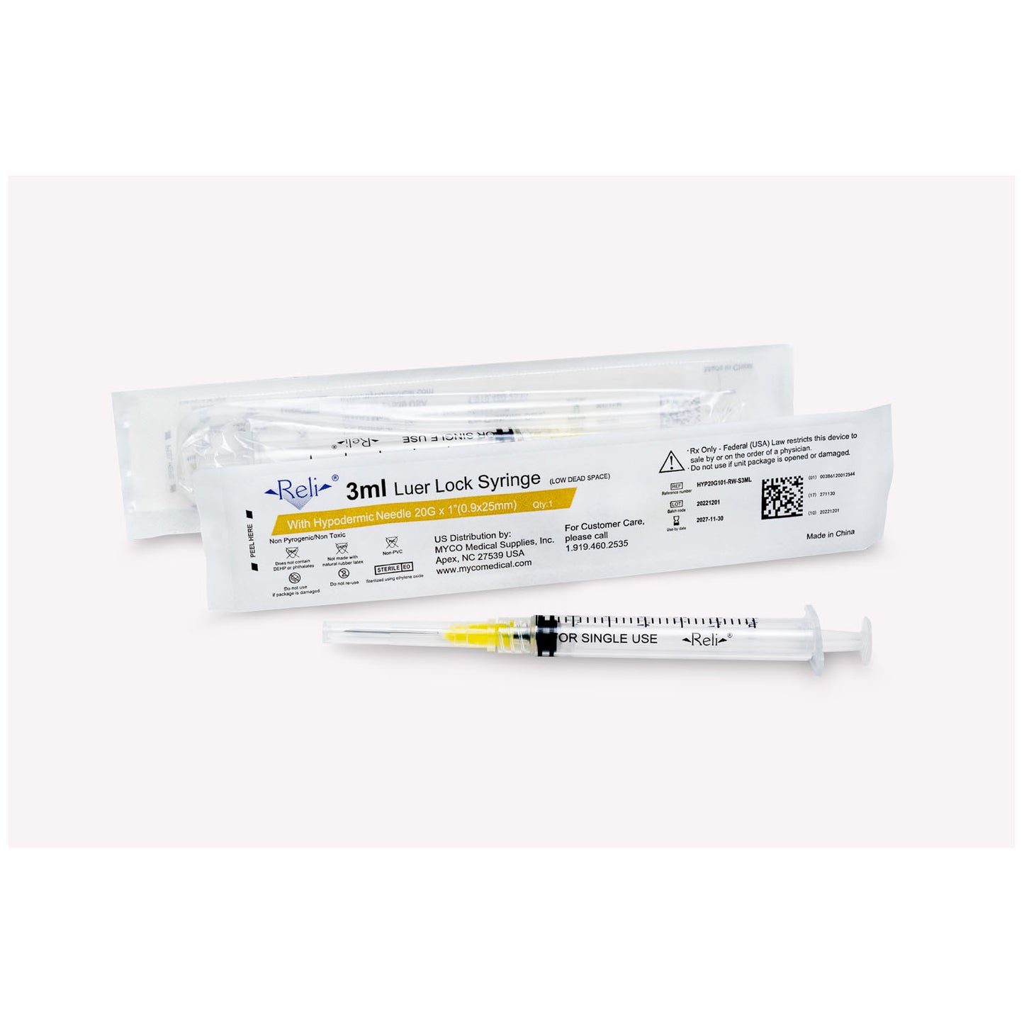 MYCO RELI CONVENTIONAL HYPODERMIC NEEDLE W/SYRINGE, 100 per box