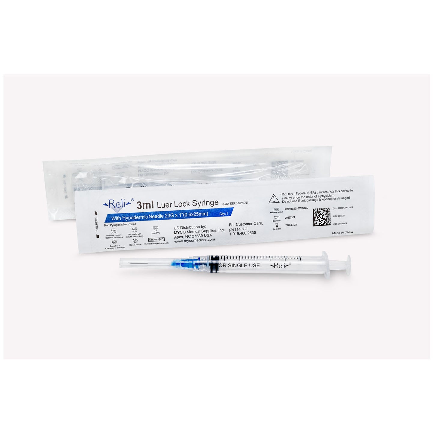 MYCO RELI CONVENTIONAL HYPODERMIC NEEDLE W/SYRINGE, 100 per box