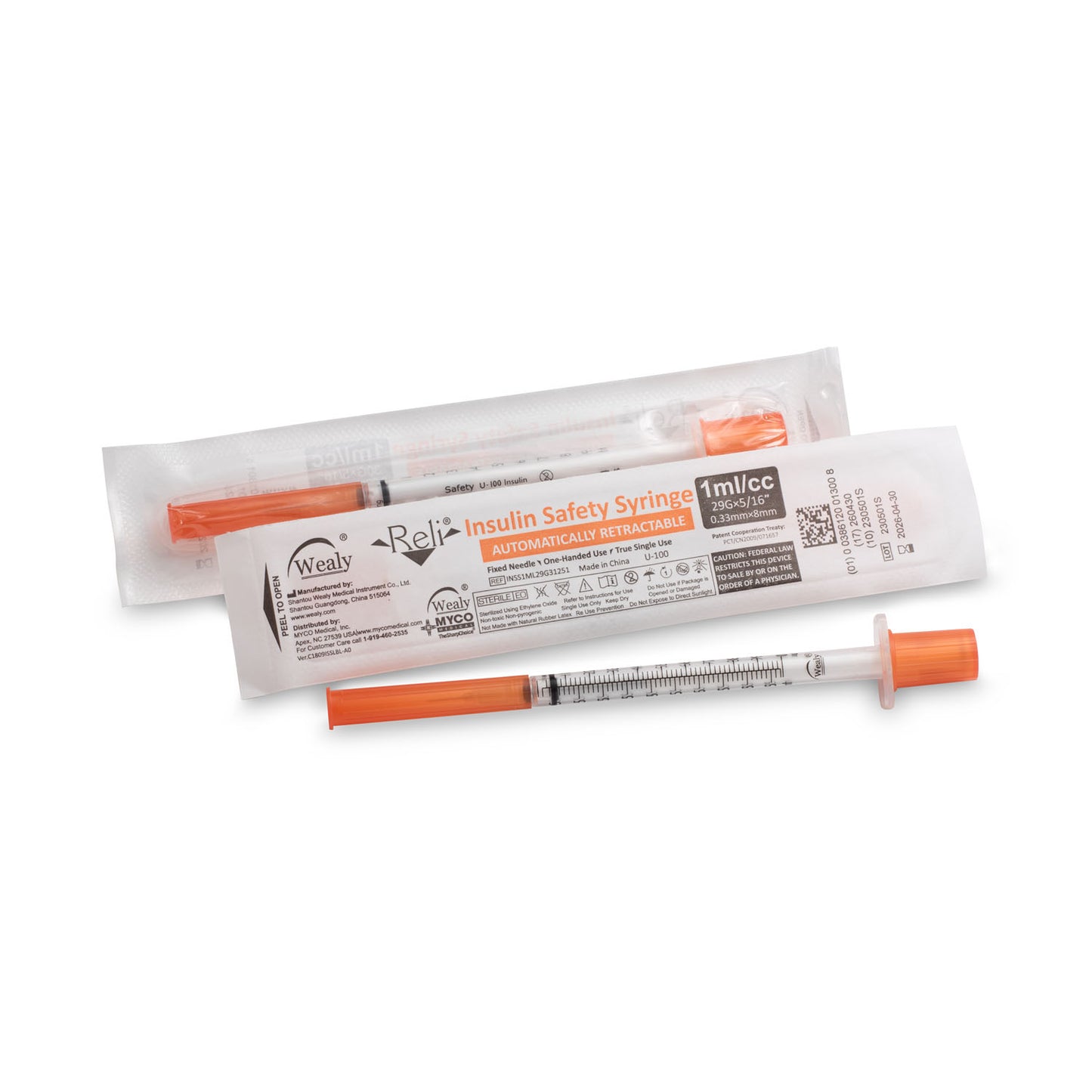 MYCO RELI WEALY SAFETY INSULIN SYRINGES, 100 per box