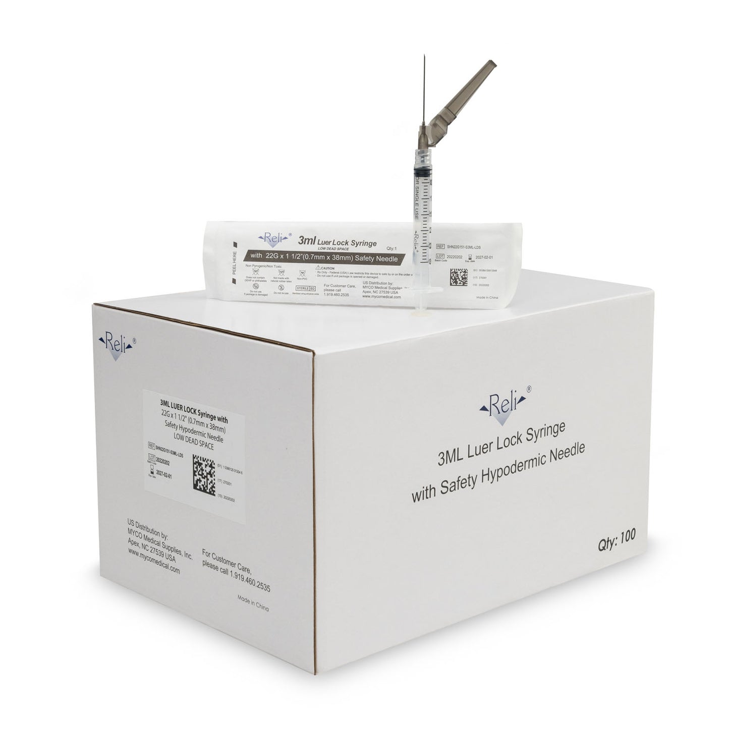 MYCO RELI SAFETY HYPODERMIC NEEDLE W/ATTACHED SYRINGE, 100 per box