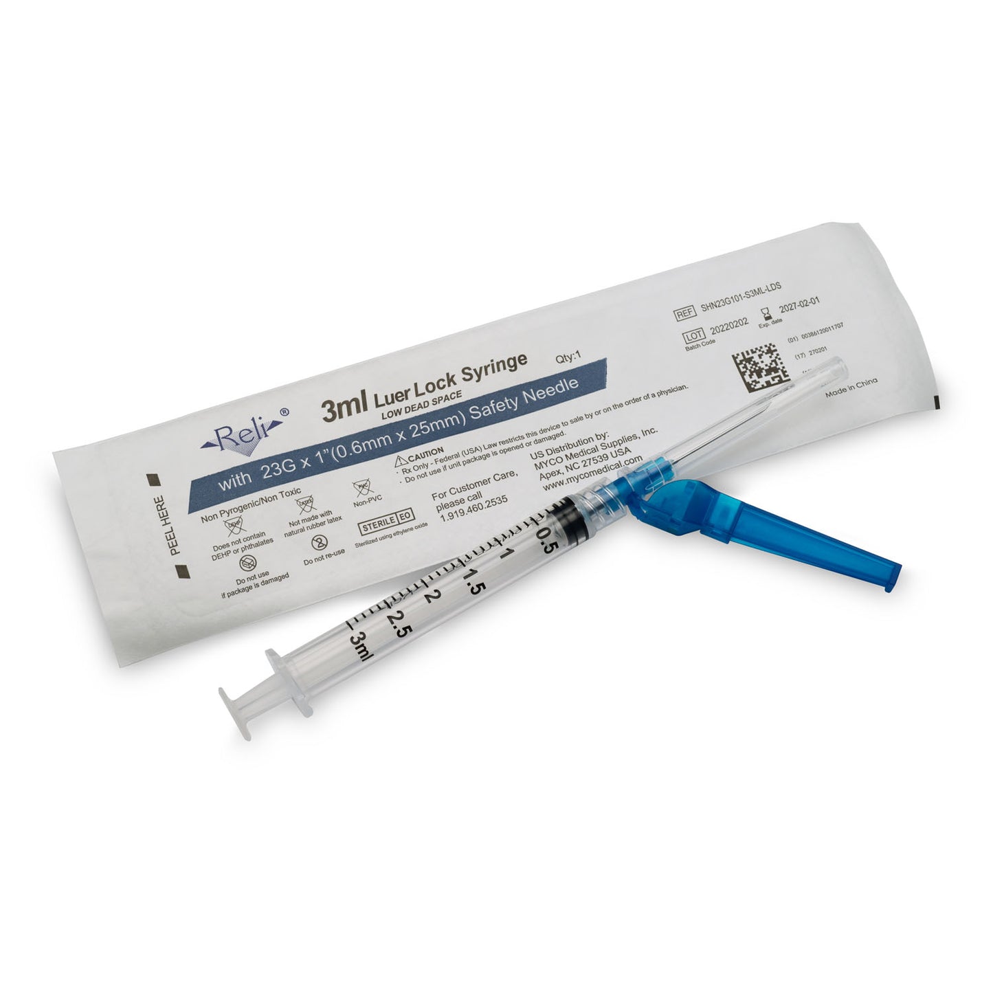 MYCO RELI SAFETY HYPODERMIC NEEDLE W/ATTACHED SYRINGE, 100 per box