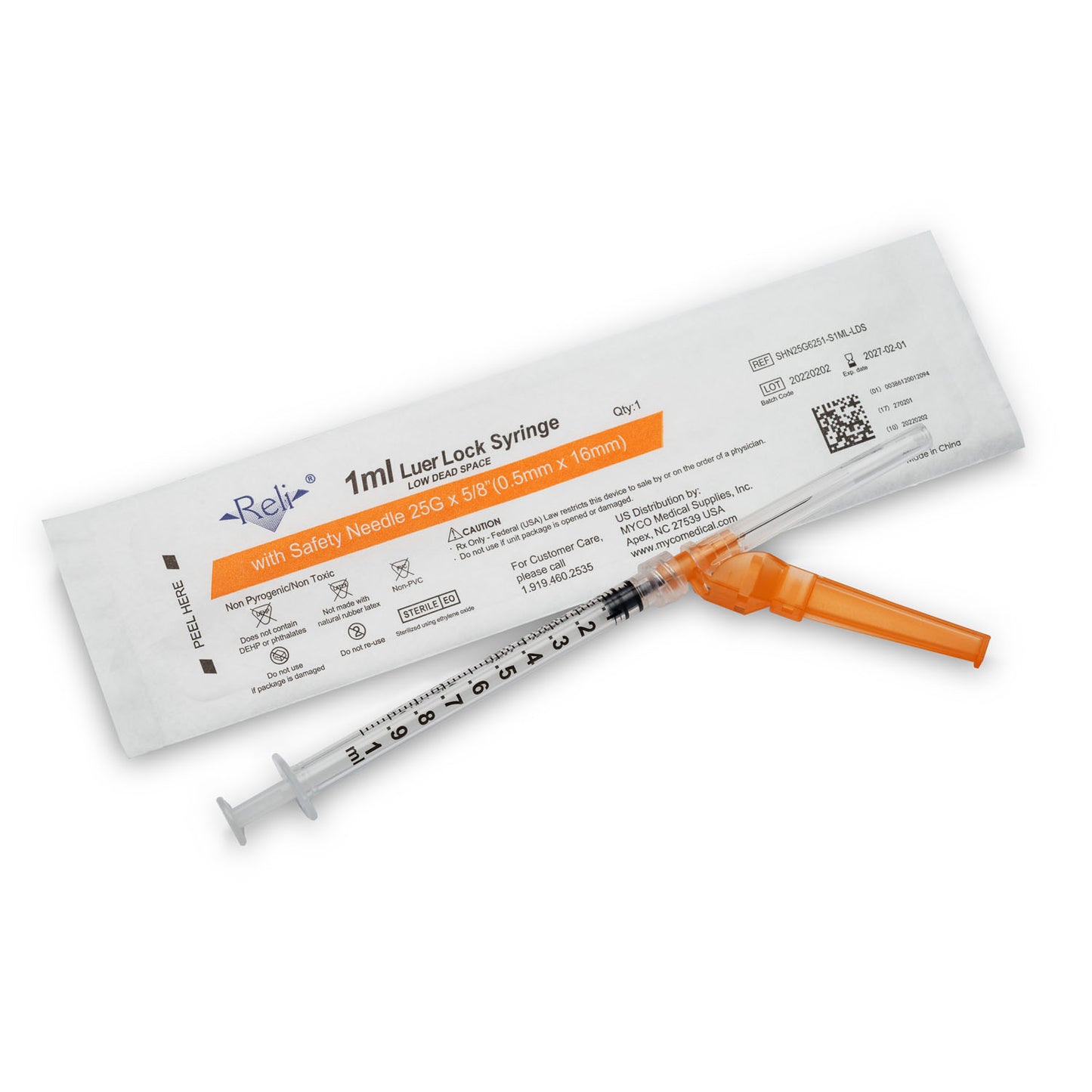 MYCO RELI SAFETY HYPODERMIC NEEDLE W/ATTACHED SYRINGE, 100 per box