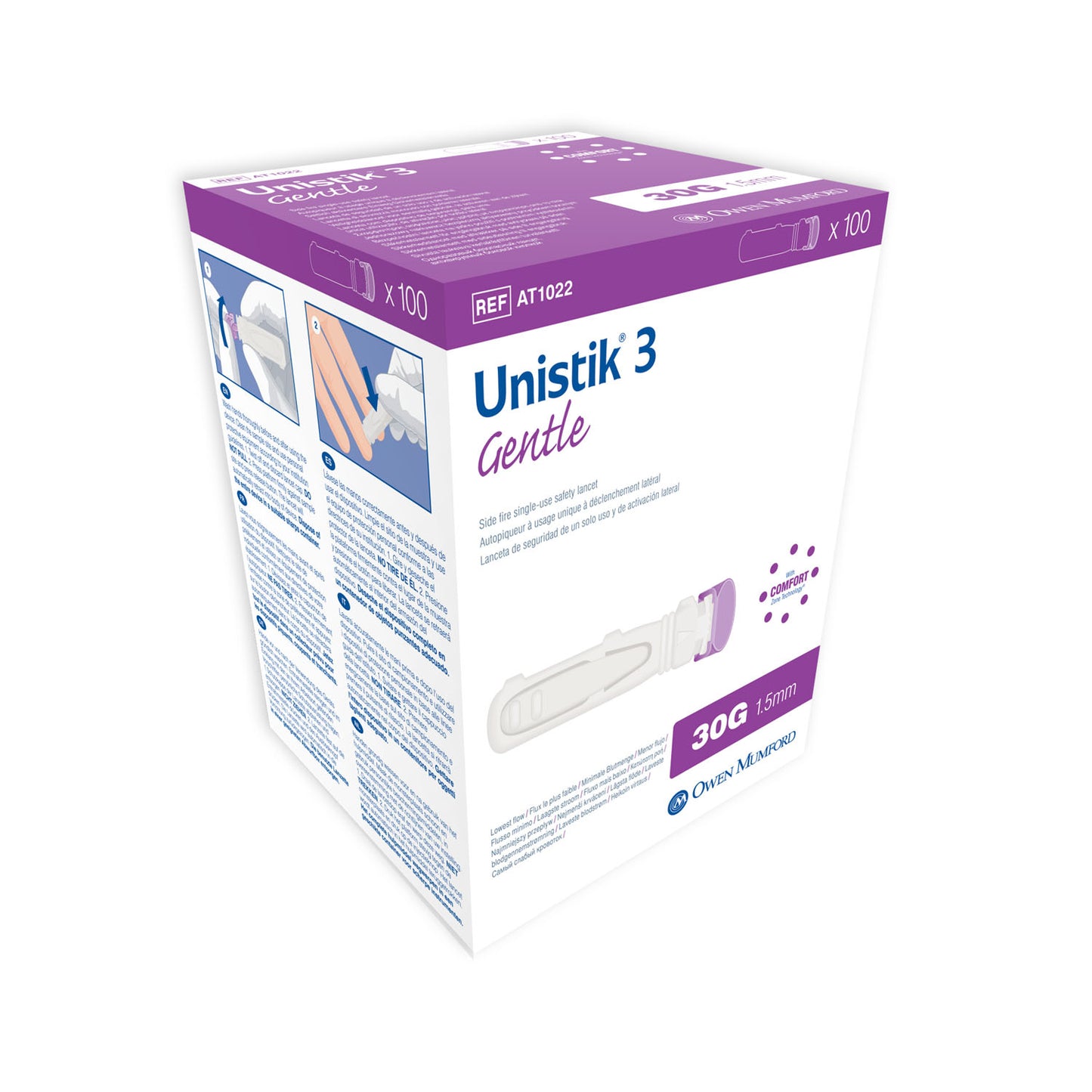 OWEN MUMFORD UNISTIK 3 PRE-SET SINGLE USE SAFETY LANCETS, 100 per box
