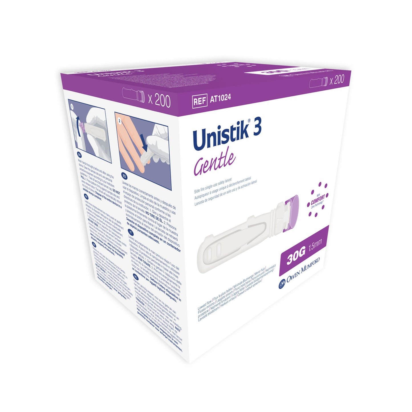 OWEN MUMFORD UNISTIK 3 PRE-SET SINGLE USE SAFETY LANCETS, 200 per box