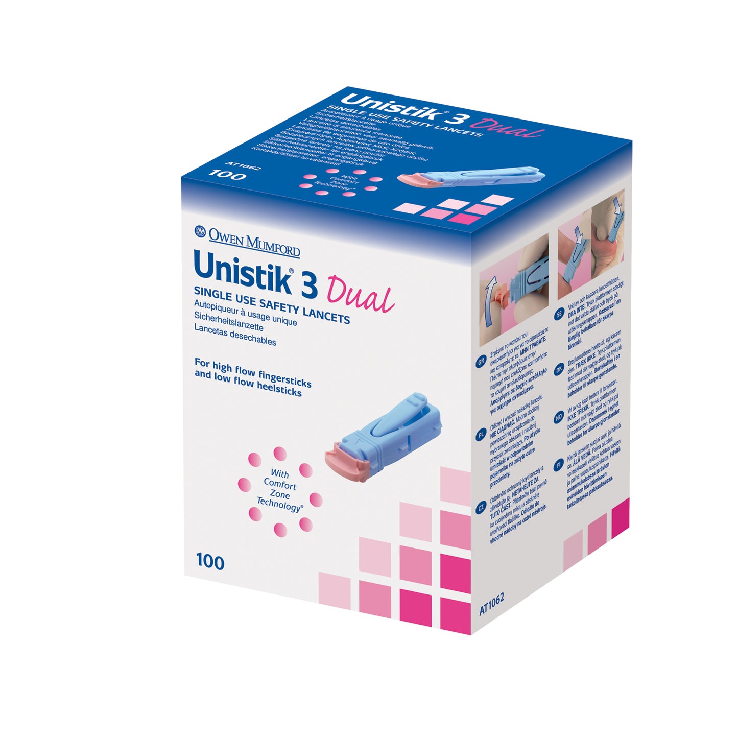 OWEN MUMFORD UNISTIK 3 PRE-SET SINGLE USE SAFETY LANCETS, 100 per box
