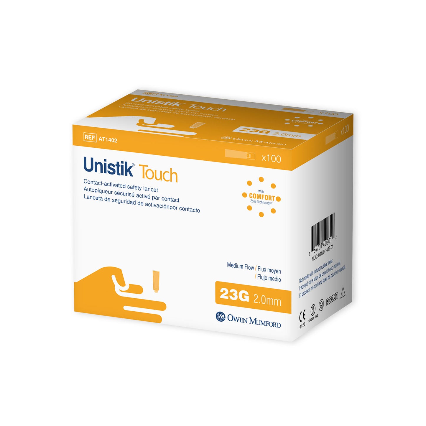 OWEN MUMFORD UNISTIK TOUCH SINGLE USE SAFETY LANCET, 100 per box