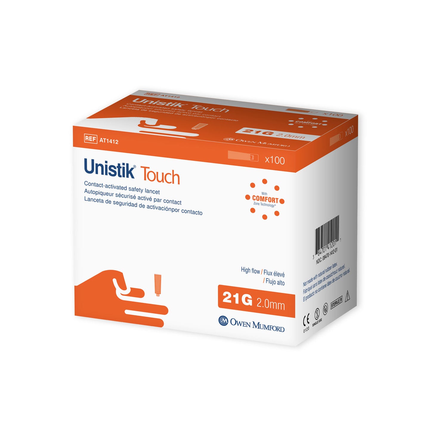 OWEN MUMFORD UNISTIK TOUCH SINGLE USE SAFETY LANCET, 100 per box