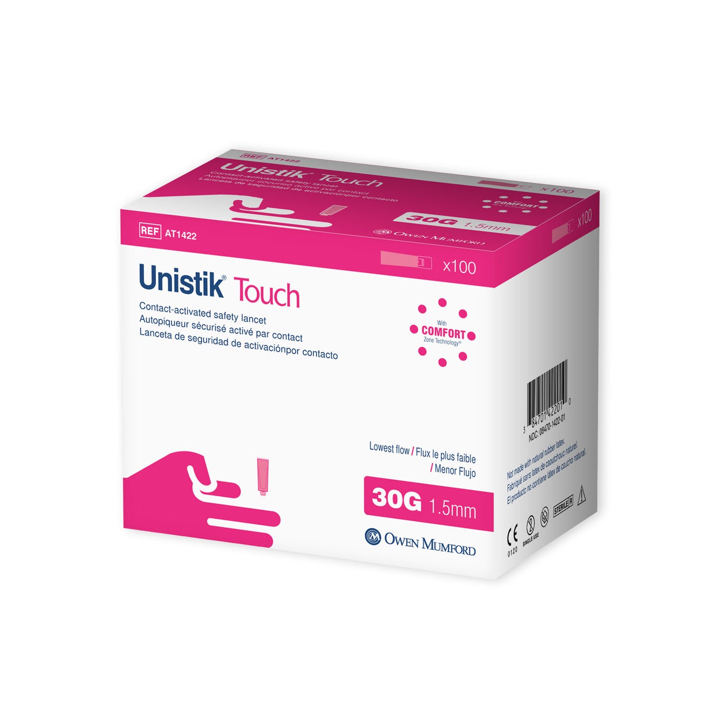 OWEN MUMFORD UNISTIK TOUCH SINGLE USE SAFETY LANCET, 100 per box