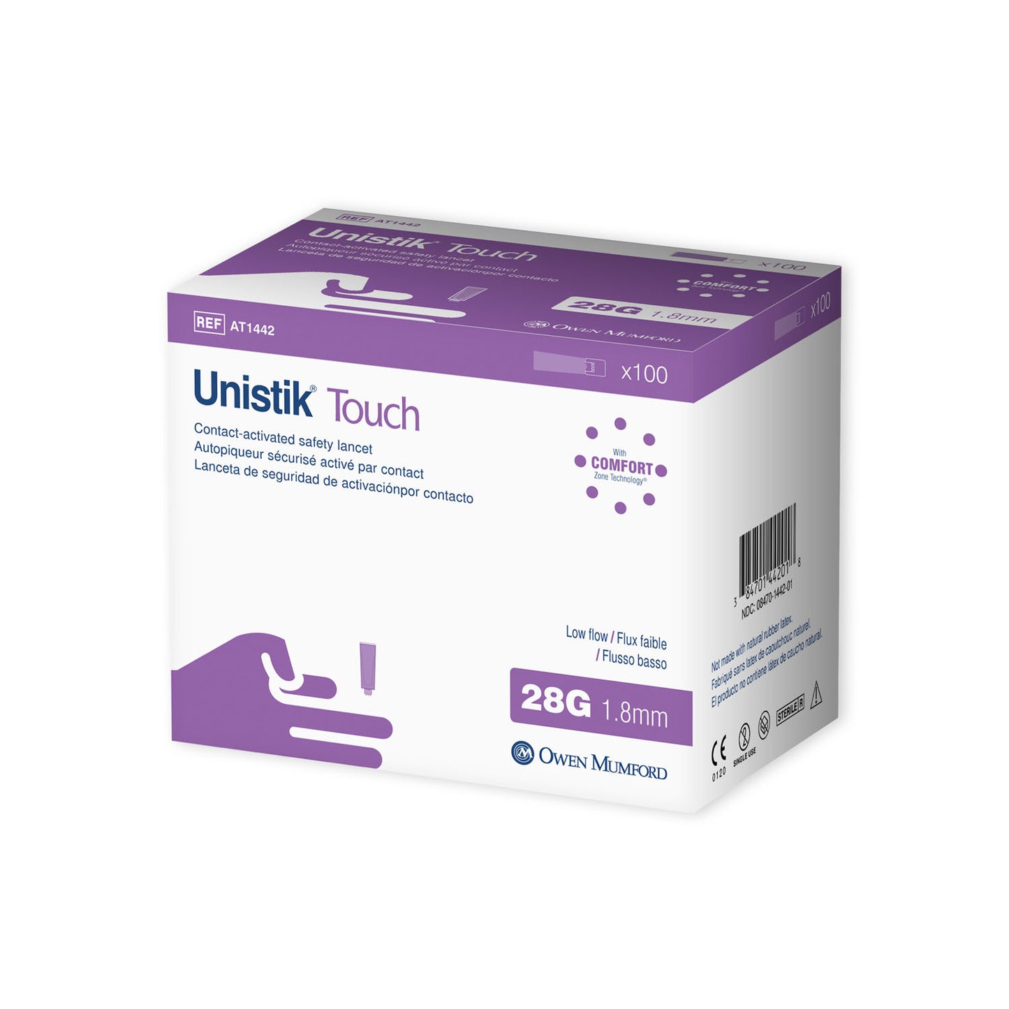 OWEN MUMFORD UNISTIK TOUCH SINGLE USE SAFETY LANCET, 100 per box