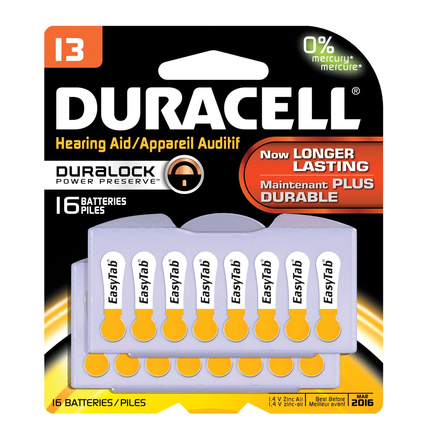 DURACELL HEARING AID BATTERY, 6 packs per box, 6 boxes per case