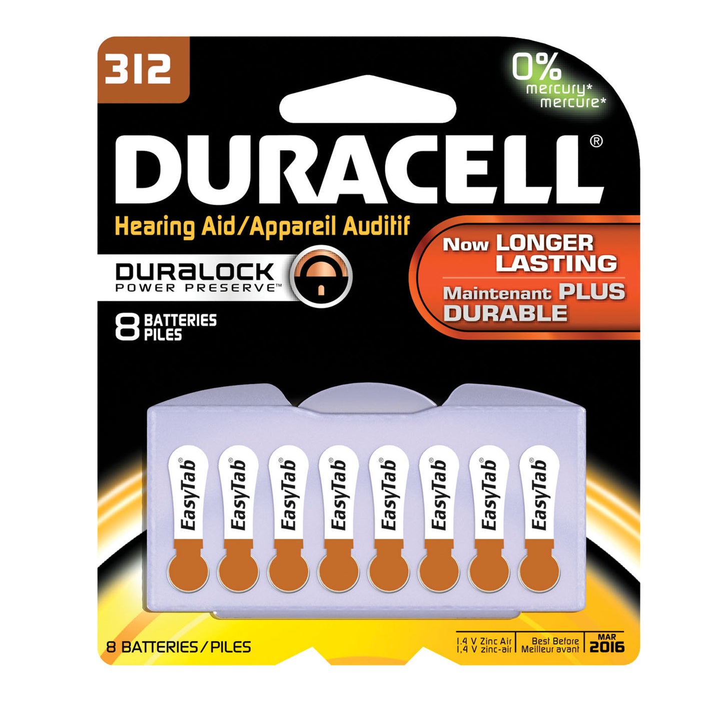 DURACELL HEARING AID BATTERY, 8 per pack, 6 packs per box