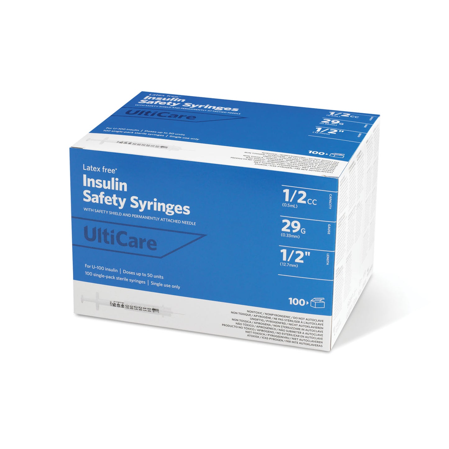 ULTIMED ULTICARE INSULIN FIXED NEEDLE SAFETY SYRINGES, 100 per box