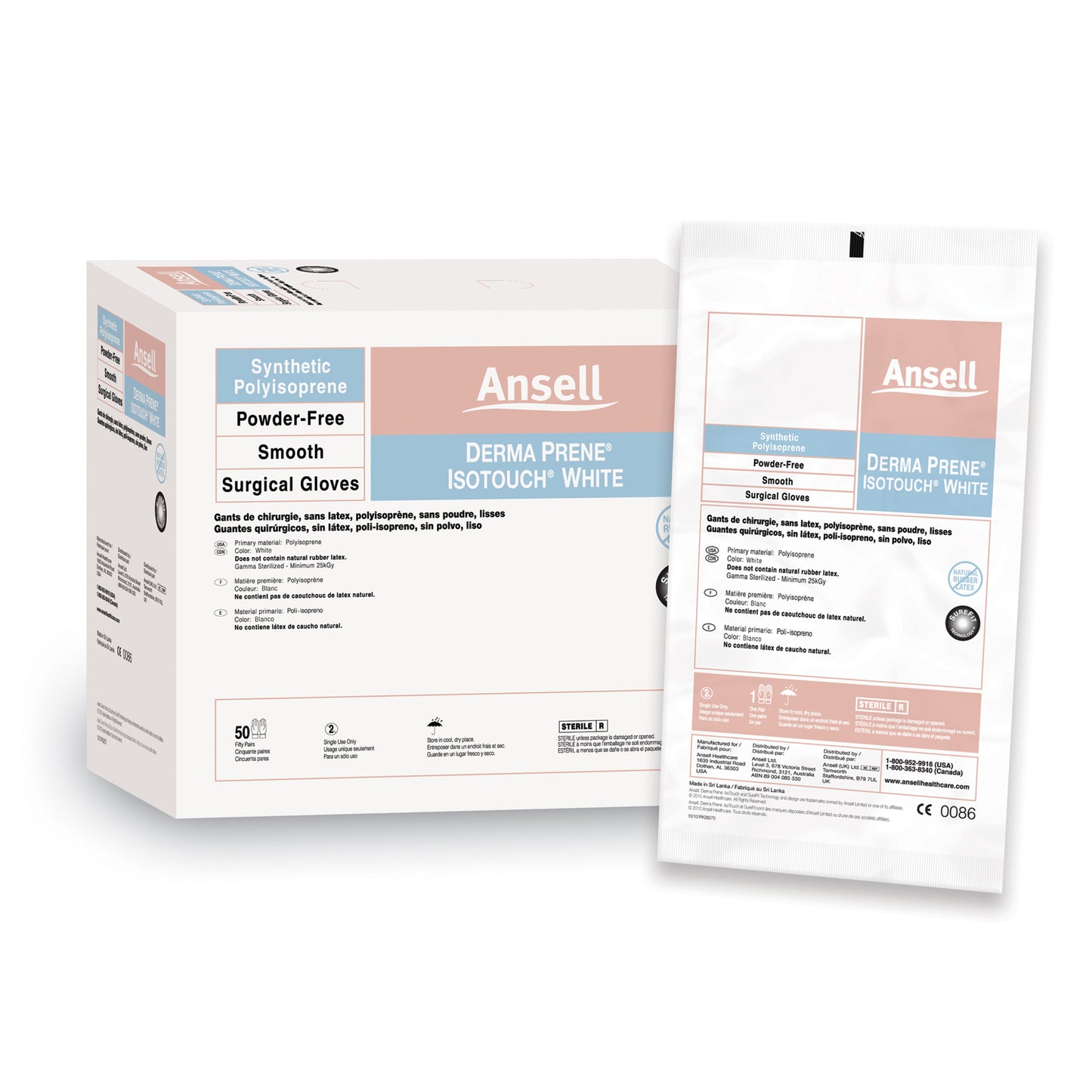 ANSELL GAMMEX NON-LATEX PI WHITE POWDER-FREE SYNTHETIC SURGICAL GLOVES, 50 pairs per box, 4 boxes per case