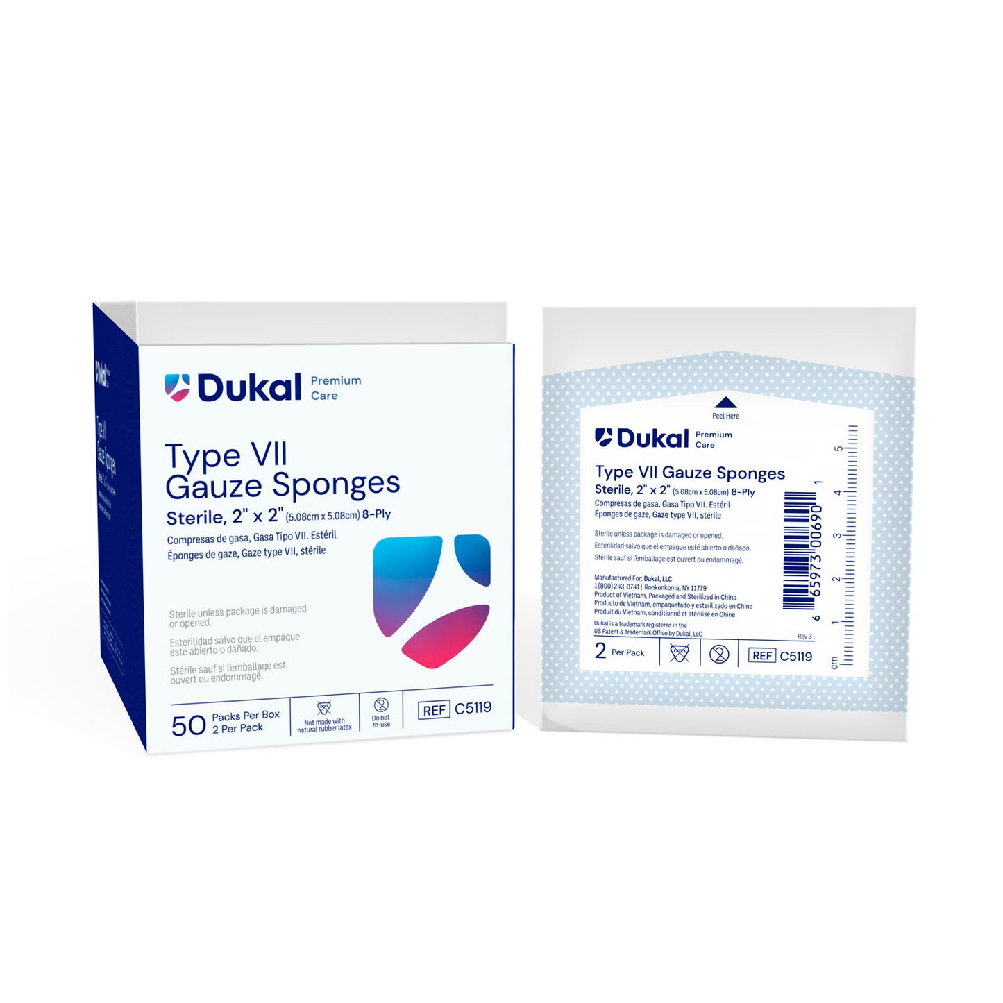 DUKAL CALIBER GAUZE SPONGES, 2 per pack, 50 packs per box, 30 boxes per case