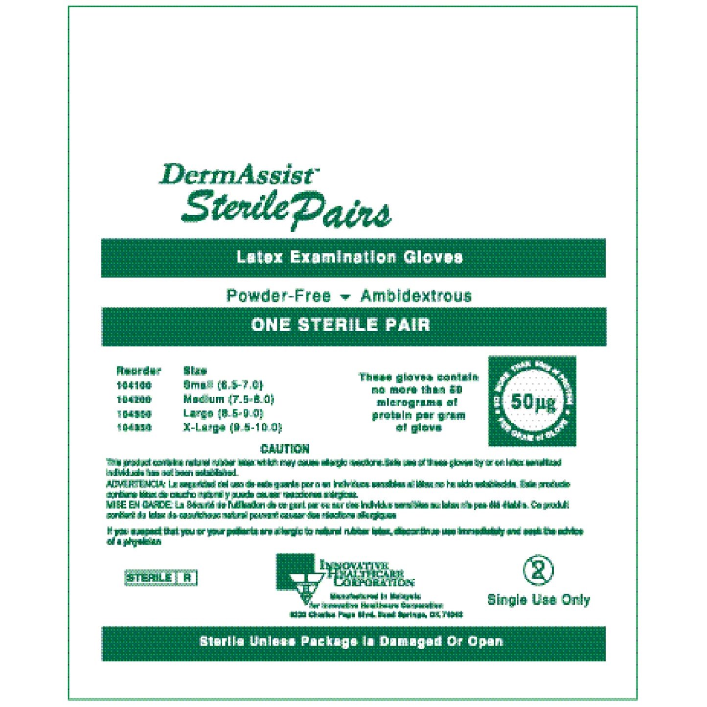 INNOVATIVE DERMASSIST POWDER-FREE STERILE LATEX EXAM GLOVES, 50 pairs per box, 4 boxes per case