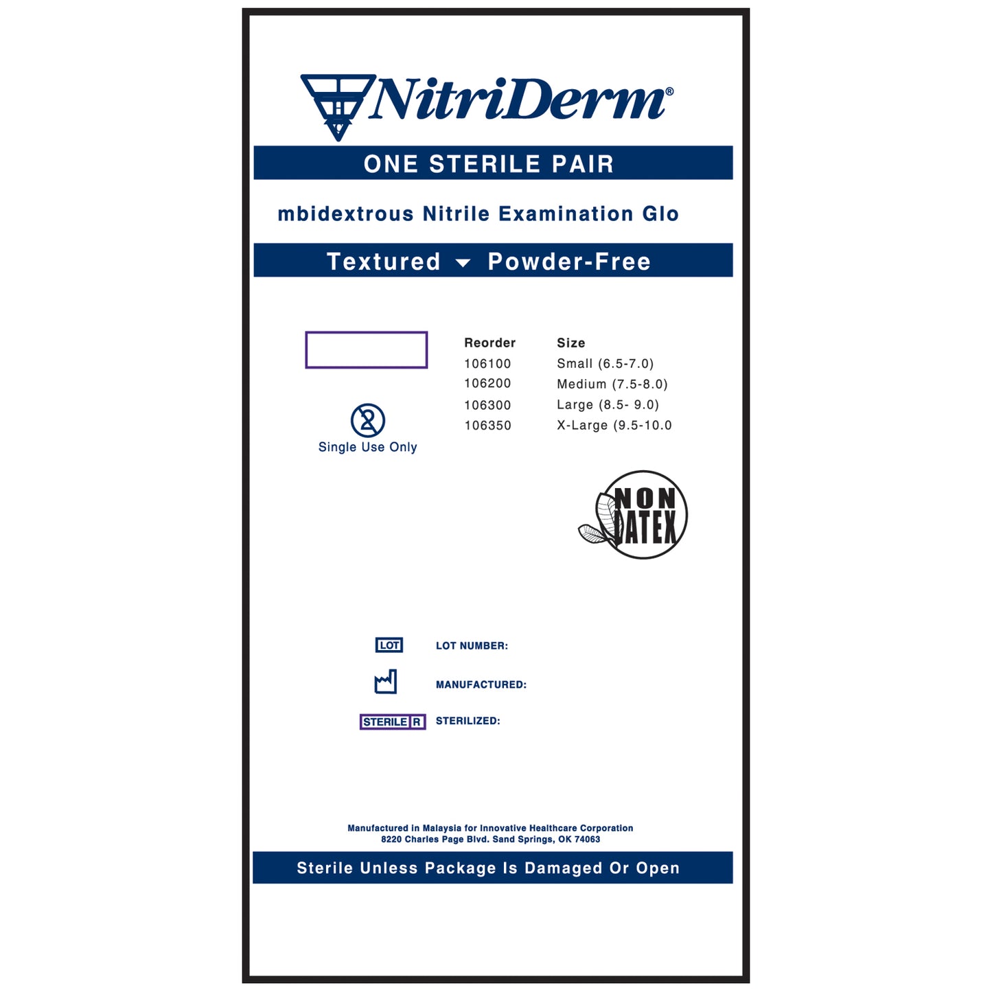 INNOVATIVE NITRIDERM STERILE POWDER-FREE NITRILE EXAM GLOVES, 50 pairs per box, 4 boxes per case
