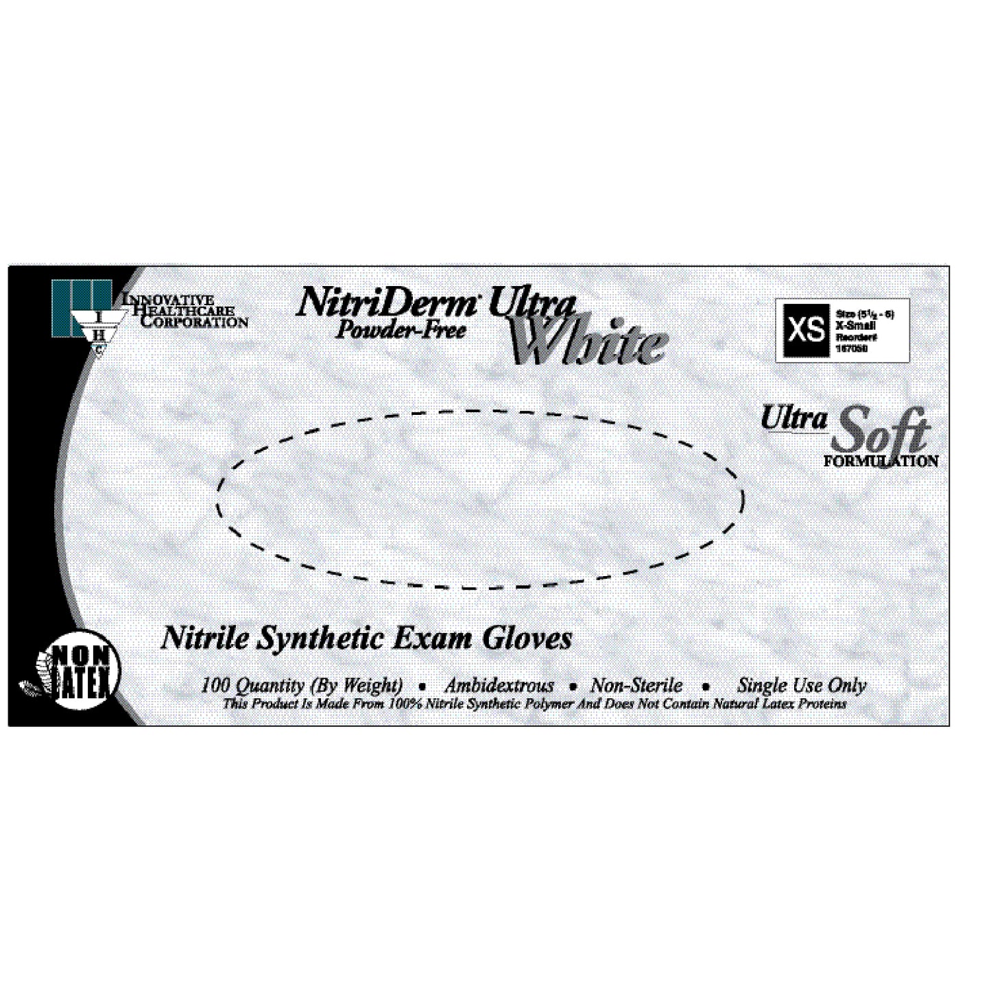 INNOVATIVE NITRIDERM ULTRA WHITE NITRILE SYNTHETIC POWDER-FREE EXAM GLOVES, 100 per box, 10 boxes per case