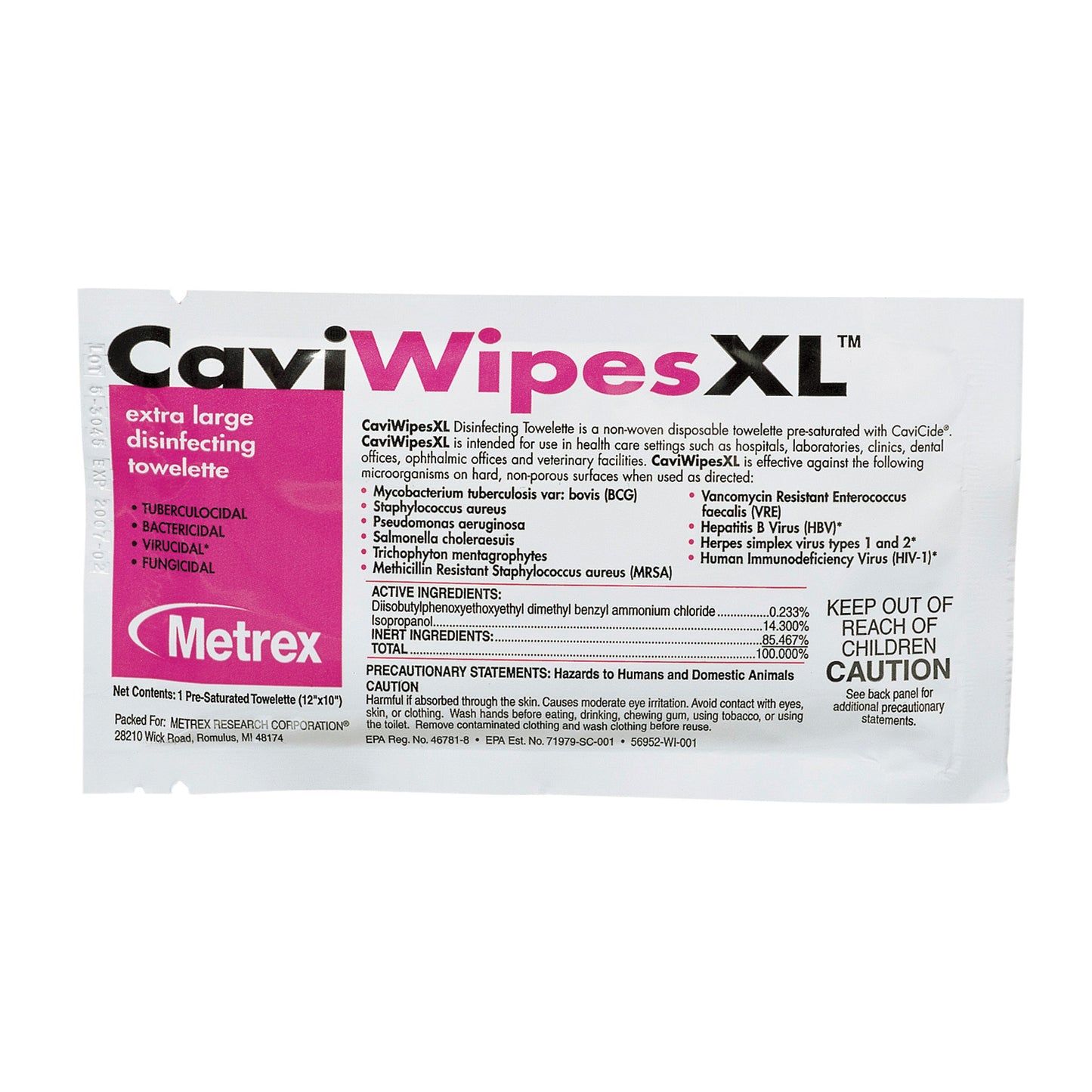 METREX CAVIWIPES DISINFECTING TOWELETTES, 50 per box, 6 boxes per case