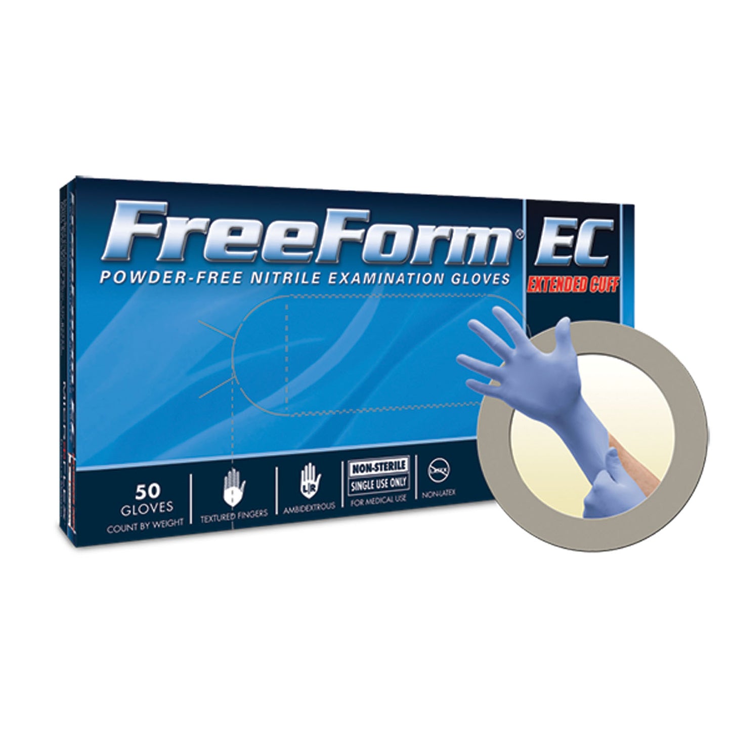 ANSELL MICROFLEX FREEFORM EC POWDER-FREE EXTENDED CUFF NITRILE EXAM GLOVES, 50 per box, 10 boxes per case