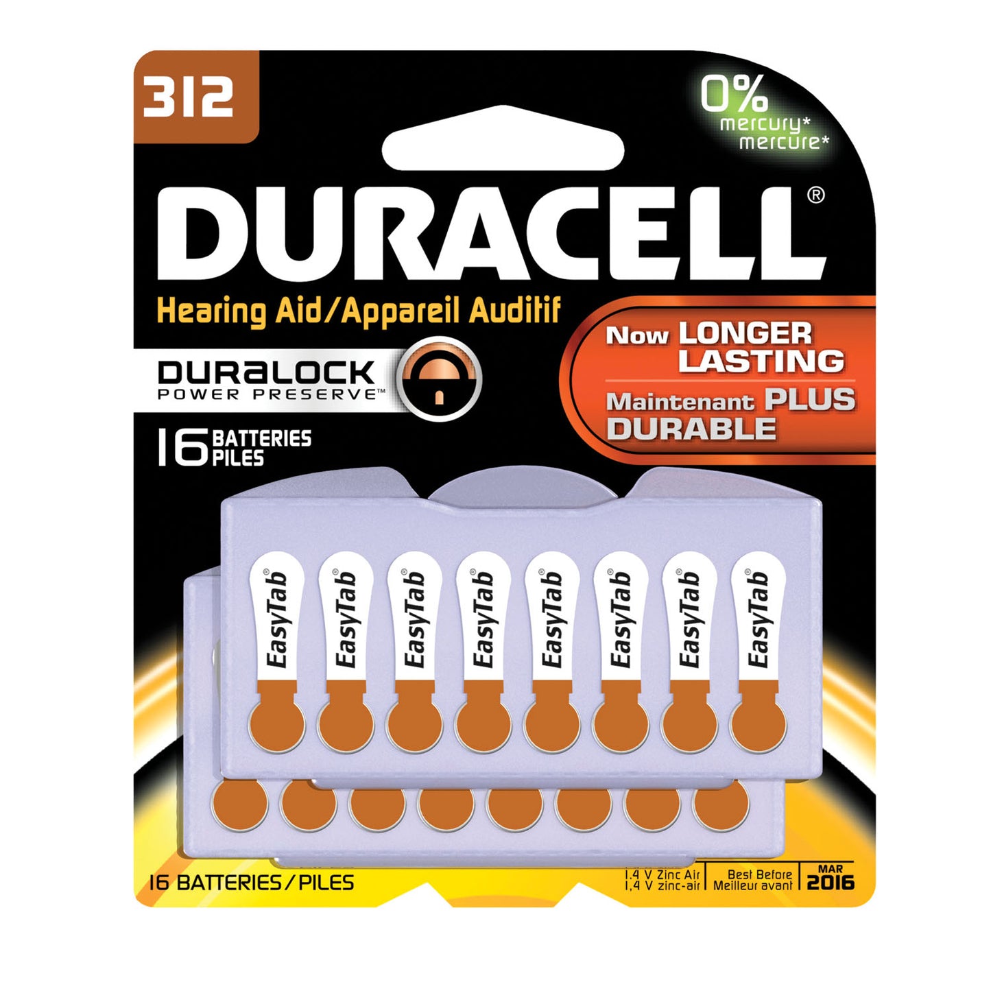 DURACELL HEARING AID BATTERY, 6 packs per box