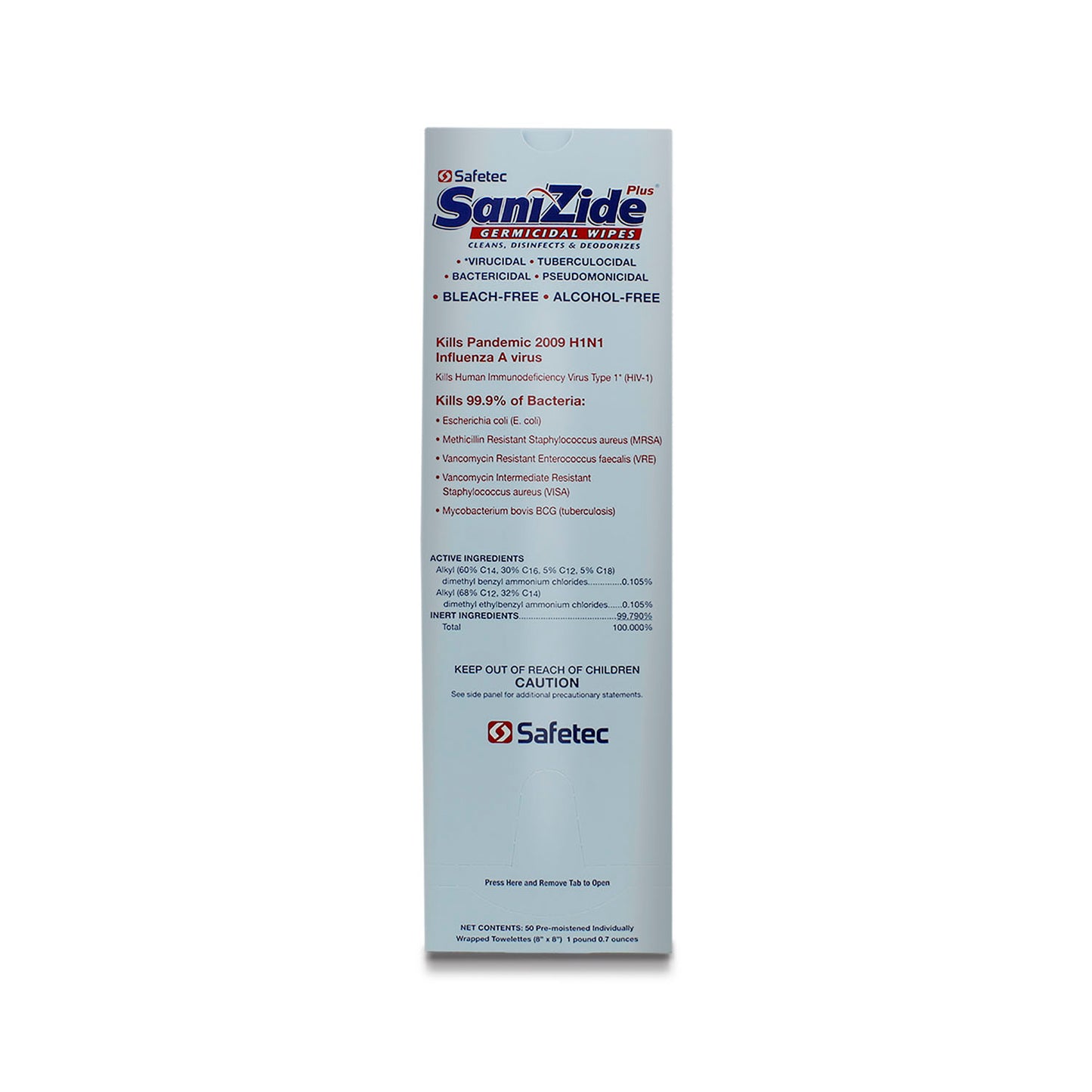 SAFETEC SANIZIDE PLUS GERMICIDAL WIPES, 50 per box, 6 boxes per case